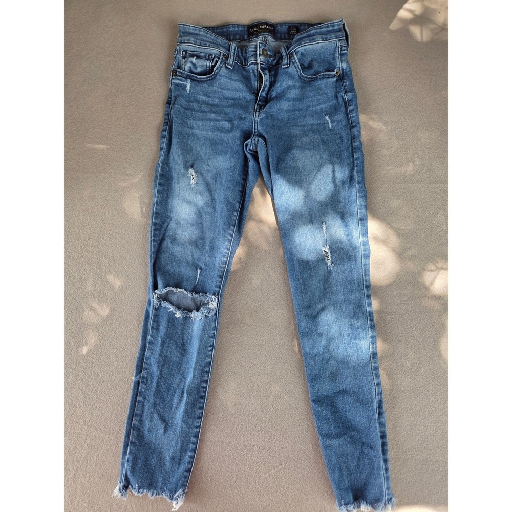 Lucky Brand Stella Skinny Jeans 4/27 Distressed Ankle Medium Wash Blue Frayed